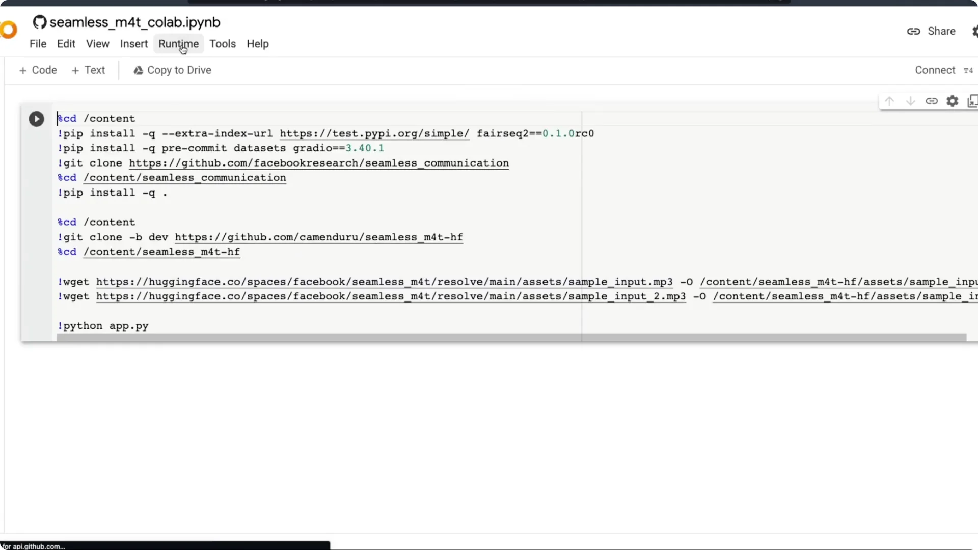 Running Universal Speech Translator on Colab with SeamlessM4T UI screenshot 1