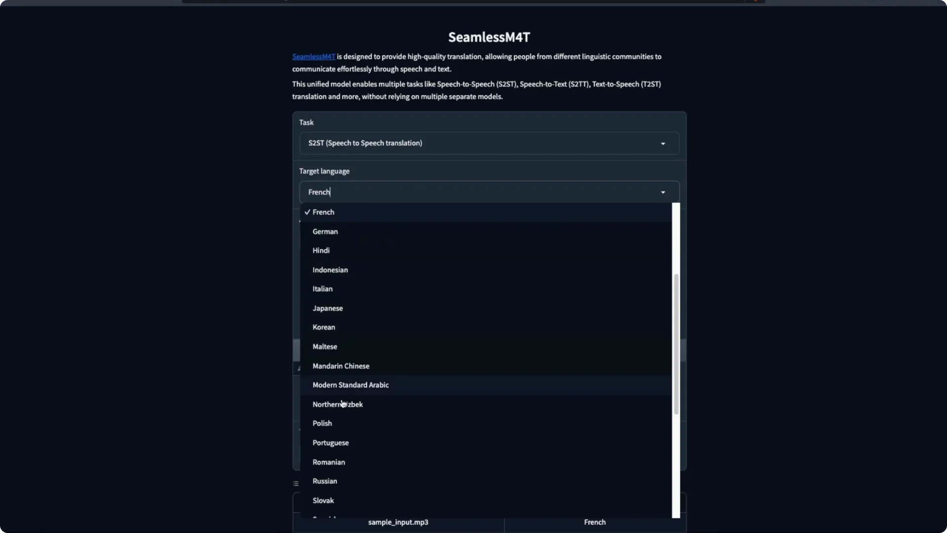 Running Universal Speech Translator on Colab with SeamlessM4T UI screenshot 6